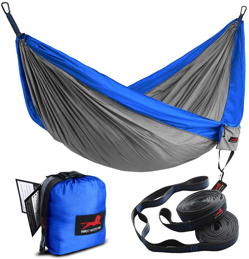 HONEST OUTFITTERS Double Camping Hammock with Hammock Tree Straps,Portable Parachute Nylon Hammock for Backpacking Travel Home & Garden > Lawn & Garden > Outdoor Living > Hammocks HONEST OUTFITTERS Do Grey/Royal 78"W x 118"L 