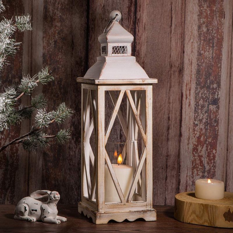 glitzhome Farmhouse Wood Metal Lanterns Decorative Hanging Candle Lanterns White Set of 2 (No Glass) Home & Garden > Decor > Home Fragrance Accessories > Candle Holders Glitzhome   