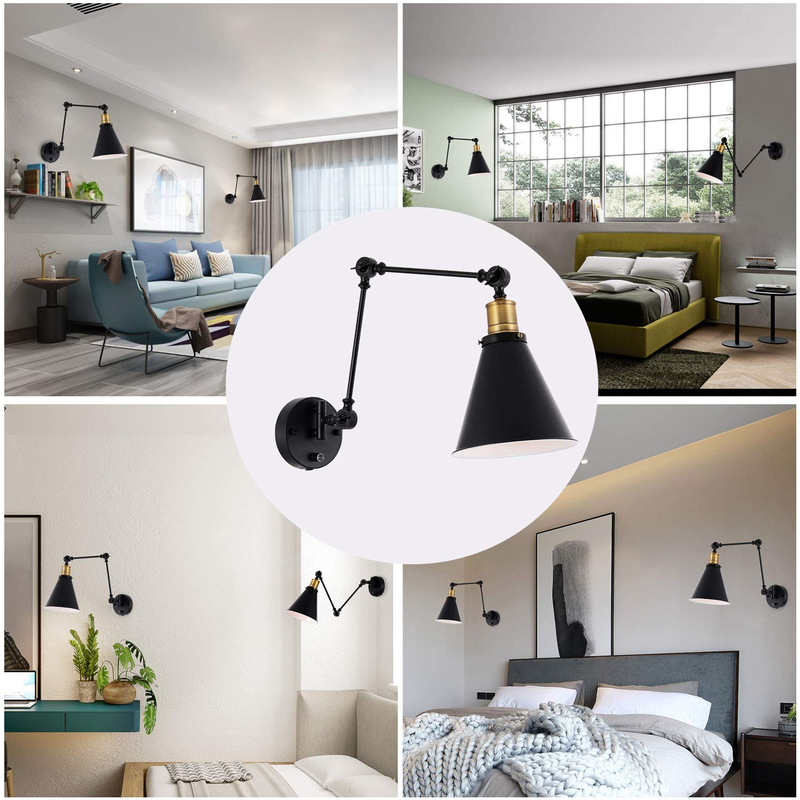 Larkar Dimmable 2 Lights Industrial Wall Sconce with On/Off Switch, Edison Vintage Style Swing Arm Wall Lamp Bronze Head,Black Lampshade, Plug-In/Hardwire, Lobby, Hallway, Kitchen, Dining Room, Restau Home & Garden > Lighting > Lighting Fixtures > Wall Light Fixtures KOL DEALS   