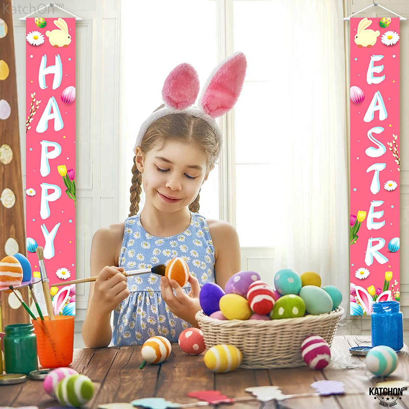 Large, Welcome Happy Easter Banner - 72X12 Inch | Bunny Easter Decorations Outdoor Indoor | Rabbit Spring Banner for Easter Hanging Decorations | Welcome Easter Party Decorations for Indoor, Outdoor Home & Garden > Decor > Seasonal & Holiday Decorations KatchOn   