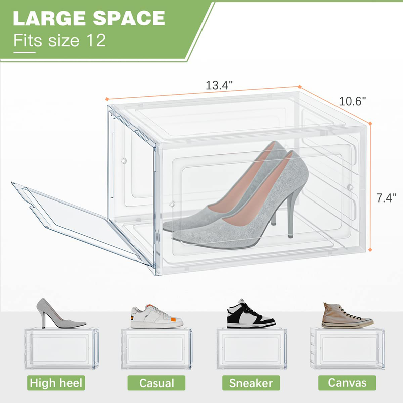 Tabiger 8 Pack Shoe Boxes Clear Plastic Stackable, Solid Shoe Box Storage Containers with Drop Front Magnetic Acrylic Door, Sneaker Shoe Box Organizers Shoe Box Storage Fit for Men’S Size 12, Clear-White Furniture > Cabinets & Storage > Armoires & Wardrobes Tabiger   