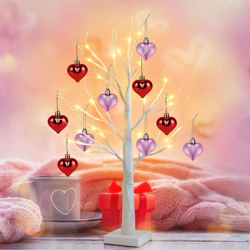 Fastdeng 2FT White Valentines Tree - Prelit Birch Tree with 10 Pink & Red Heart-Shaped Ornaments, 24 Warm White LED, Battery Operated Tabletop Lamp, 6-Hours Timer, for Christmas Decor, Mother'S Day Home & Garden > Decor > Seasonal & Holiday Decorations FastDeng 1 Pack  