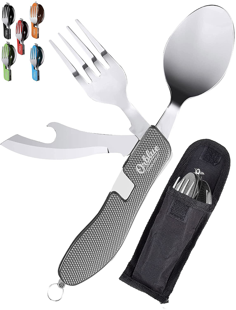 Orblue 4-In-1 Camping Utensils, 2-Pack, Portable Stainless Steel Spoon, Fork, Knife & Bottle Opener Combo Set - Travel, Backpacking Cutlery Multitool Sporting Goods > Outdoor Recreation > Camping & Hiking > Camping Tools Orblue Gray  