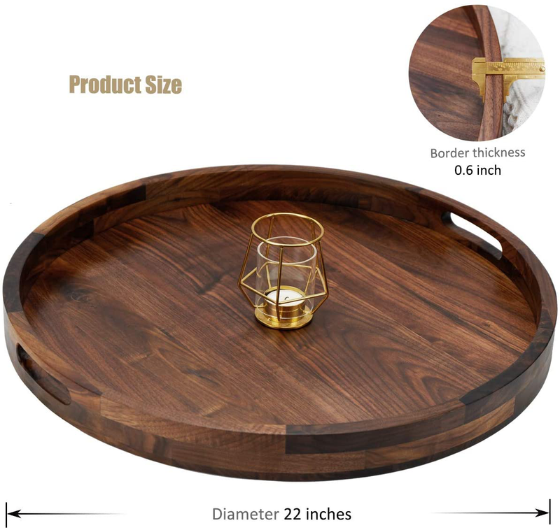 MAGIGO 22 Inches Extra Large Round Black Walnut Wood Ottoman Tray with Handles, Serve Tea, Coffee or Breakfast in Bed, Classic Circular Wooden Decorative Serving Tray Home & Garden > Decor > Decorative Trays MAGIGO   