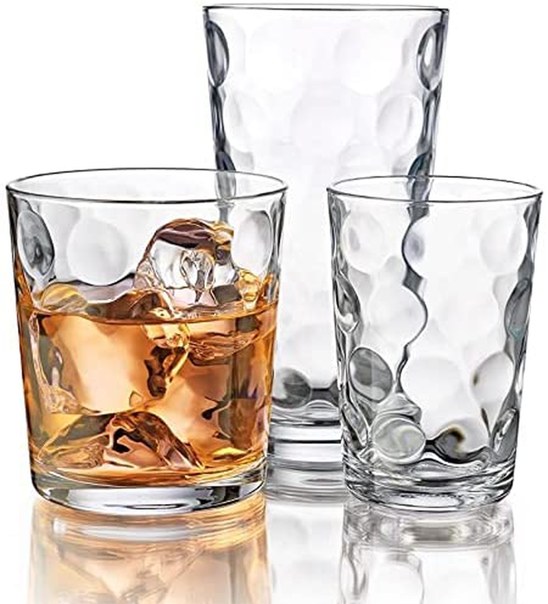 Drinking Glasses, 12 Piece Glass Cups Set. includes 4 Highball Glasses 17 oz. 4 Rock Glasses 13 oz. and 4 Juice Glasses 7 oz. By Home Essentials & Beyond. Ideal for Water, Juice, Beer, cocktail. Dishwasher Safe. Home & Garden > Kitchen & Dining > Tableware > Drinkware Home Essentials & Beyond Default Title  