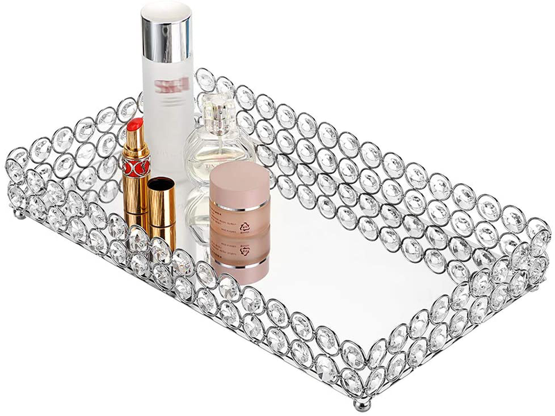 Hipiwe Crystal Cosmetic Makeup Tray - Large Mirrored Vanity Tray Jewelry Trinket Organizer TrayTray Home Decorative Dresser Tray Bathroom Tray, 13.7"x 7.87" Home & Garden > Decor > Decorative Trays Hipiwe   
