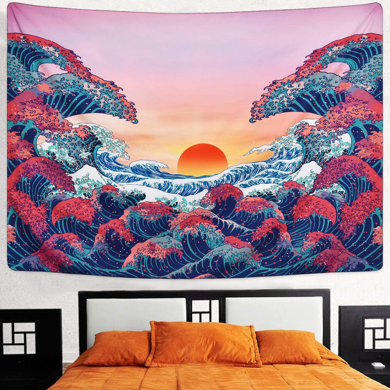Ocean Wave Tapestry Sunset Tapestry 3D Great Wave Tapestry Japanese Tapestry for Room…