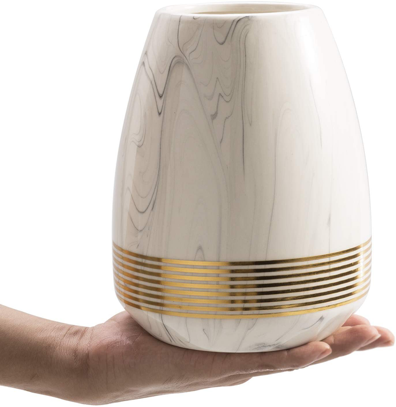MyGift White Marble Style Ceramic Flower Vase with Gold Detailing