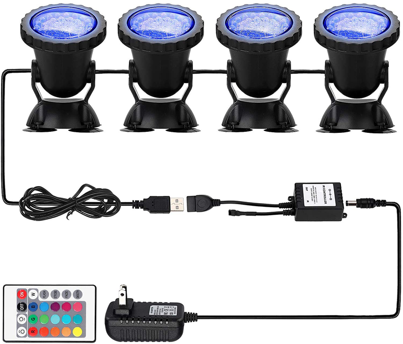 Pond Light 36 LED 100% Waterproof Underwater Submersible Lights, 4 Pack Multi-color & Adjustable & Dimmable Aquarium Light with Remote Control, Landscape Lamp for Fish Tank Swimming Pool Fountain  DOCEAN Multicolor  