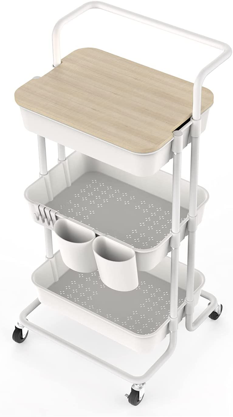 DTK 3 Tier Utility Rolling Cart with Cover Board, Rolling Storage Cart with Handle and Locking Wheels Kitchen Cart with 2 Small Baskets and 4 Hooks for Bathroom Office Balcony Living Room(White) Home & Garden > Kitchen & Dining > Food Storage DTK White  