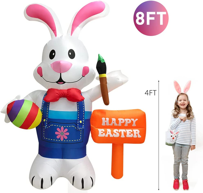 Domkom 8FT Easter Inflatable Decorations Standing Bunny Holding Egg and Paintbrush,Build-In LED Lights Holiday Blow up Yard Decoration,For Easter Holiday Party,Indoor,Outdoor,Garden,Yard Lawn Decor Home & Garden > Decor > Seasonal & Holiday Decorations DomKom   