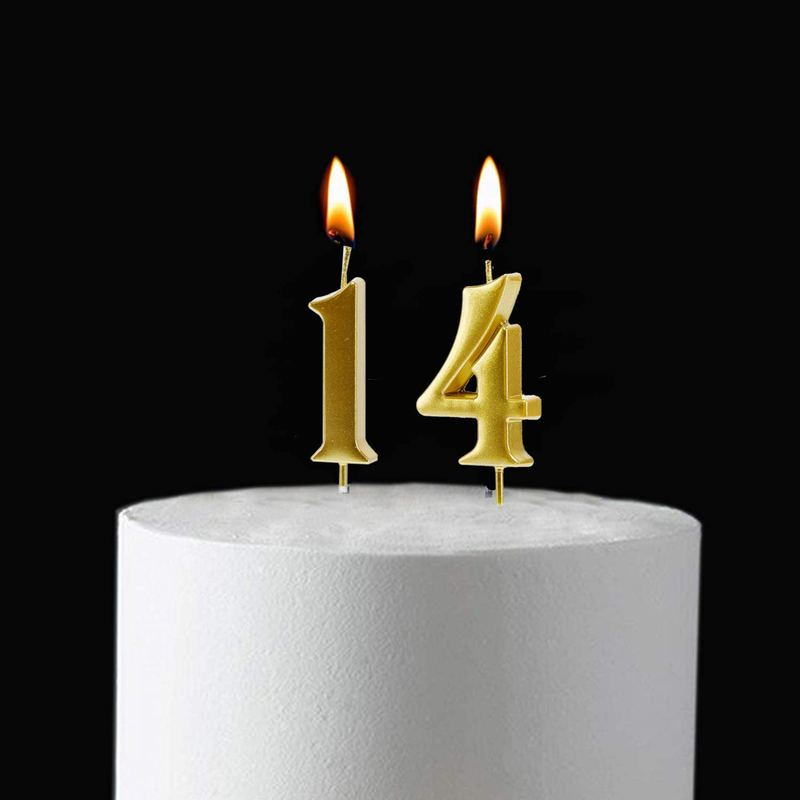 MMJJ Gold 14th Birthday Candles, Number 14 Cake Topper for Birthday Decorations