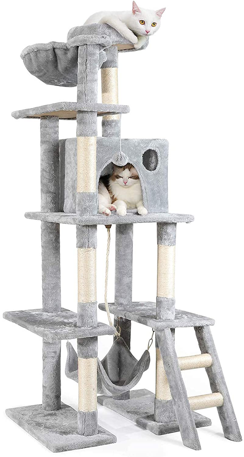 rabbitgoo Cat Tree Cat Tower 61" for Indoor Cats, Multi-Level Cat Condo with Hammock & Scratching Posts for Kittens, Tall Cat Climbing Stand with Plush Perch & Toys for Play Rest Animals & Pet Supplies > Pet Supplies > Cat Supplies > Cat Beds rabbitgoo Light Grey  