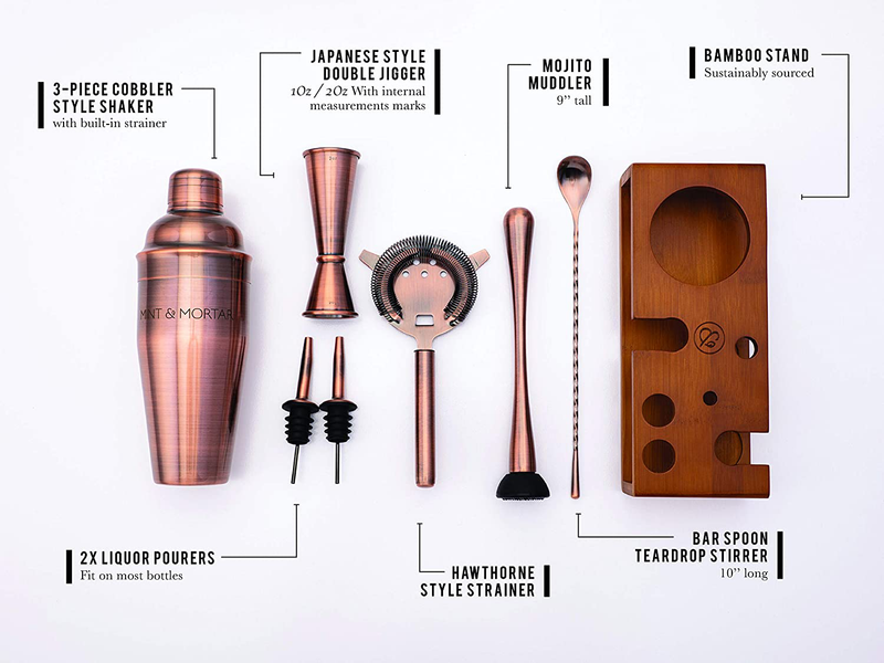 Mint&Mortar 7-Piece Cocktail Shaker Set with Bamboo Stand Stainless Steel Mixology Bartender Kit with Bar Tools for the home & professional Great Martini/Margarita 24oz mixer in Unique Brushed Copper Home & Garden > Kitchen & Dining > Barware Mint & Mortar   
