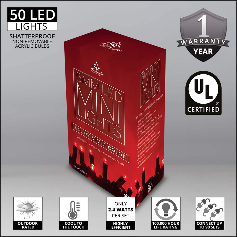 Red LED Christmas Mini String Light Set, 50 Lights, 17 Ft Indoor/Outdoor Red Christmas Lights Decorations Valentines Day Lights Party Christmas Tree Lights Red, 4" Spacing Home & Garden > Decor > Seasonal & Holiday Decorations Kringle Traditions   