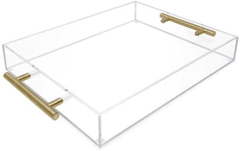 Isaac Jacobs Clear Acrylic Serving Tray (11x14) with Gold Metal Handles, Spill-Proof, Stackable Organizer, Food & Drinks Server, Indoors/Outdoors, Lucite Storage Décor (11x14, Clear with Gold Handle)