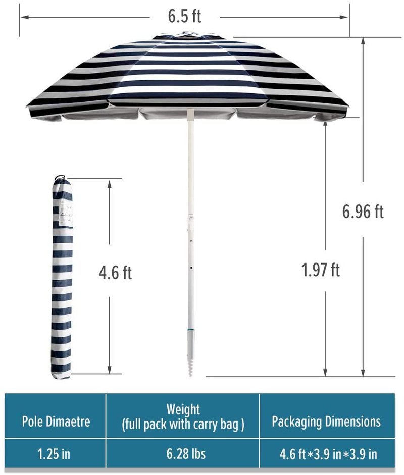 OutdoorMaster Beach Umbrella with Sand Bag - 6.5ft Beach Umbrella with Sand Anchor, UPF 50+ PU Coating with Carry Bag for Patio and Outdoor - Navy Striped Home & Garden > Lawn & Garden > Outdoor Living > Outdoor Umbrella & Sunshade Accessories OutdoorMaster   