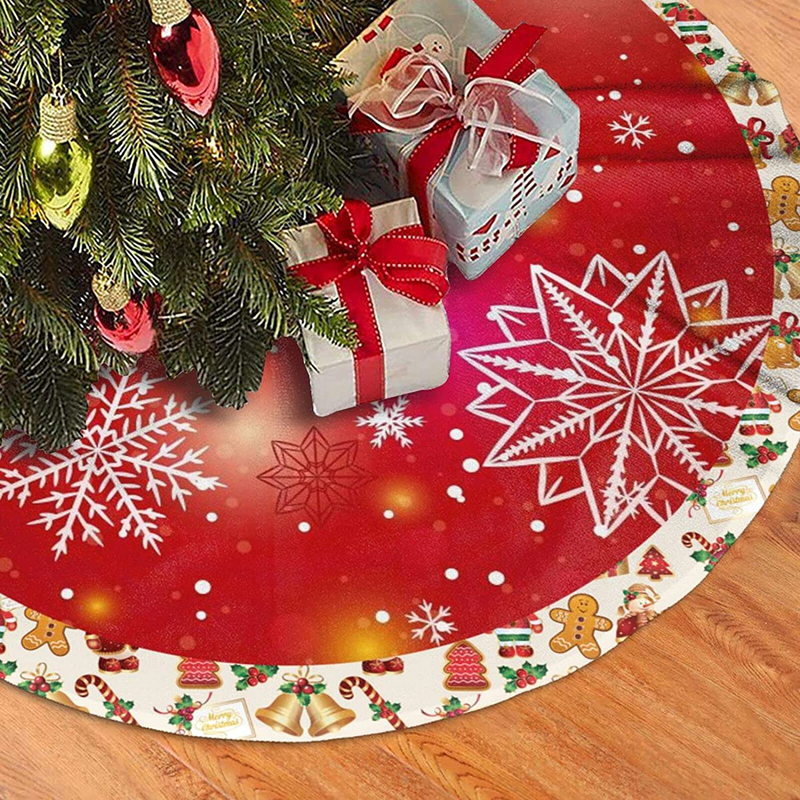 Christmas Tree Skirt, Snowflakes Bell Elk Traditional Red Xmas Tree Mat Round New Year Tree Gift Mat for Winter Christmas Party Decorations Supplies (48")