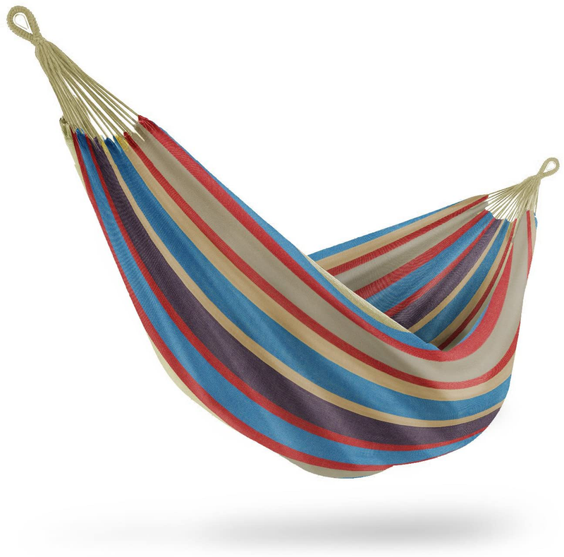 Sorbus Brazilian Double Hammock - Extra-Long 2 Person Portable Hammock Bed for Indoor or Outdoor Spaces - Hanging Rope, Carrying Pouch Included (Blue/Green Stripes) Home & Garden > Lawn & Garden > Outdoor Living > Hammocks Sorbus Blue/Sand/Purple/Red Stripes  