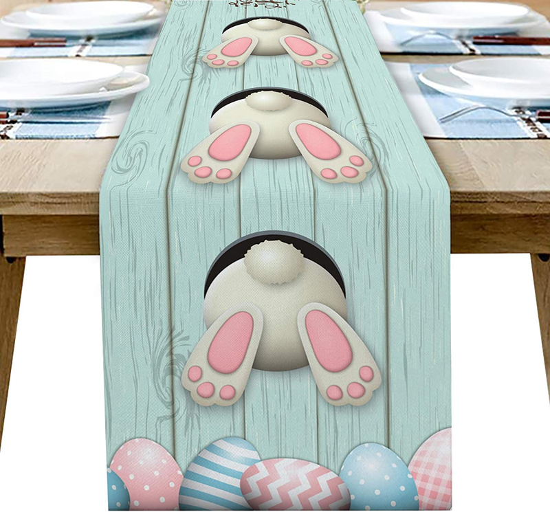 Prime Leader Easter Table Runner, 13 X 90 Inch Happy Easter Funny Rabbit Pink and Blue Eggs Table Runner for Holiday Family Dinner, Farmhouse, Indoor or Outdoor Parties(Cotton-Polyester Blend) Home & Garden > Decor > Seasonal & Holiday Decorations Prime Leader   