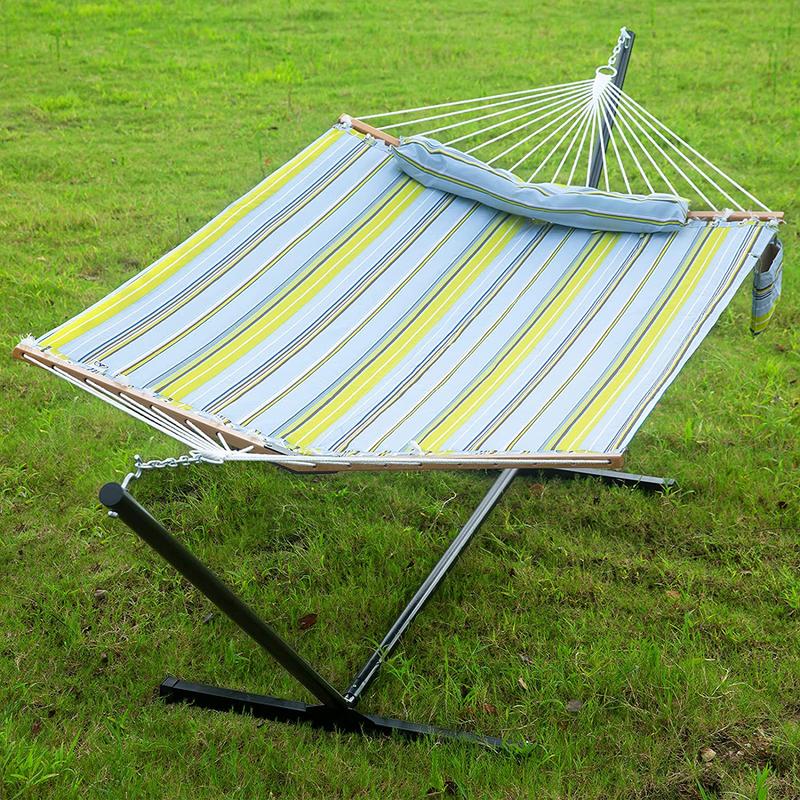 Hammock with Stands 2 Person Heavy Duty 450 Pounds Capacity with Bamboo Spreader Bar,Pad ,Pillow and Cup Holder Included for Outdoor Patio,Deck,Yard(Blue Stripe) Home & Garden > Lawn & Garden > Outdoor Living > Hammocks CharaVector T Yellow  