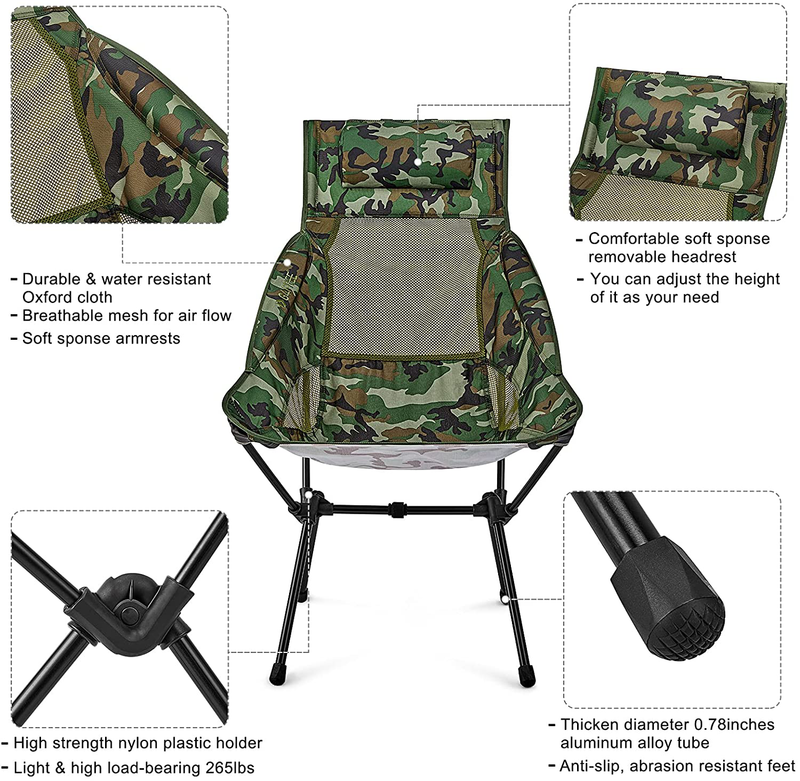 G4Free Folding Camping Chair, High Back Lightweight Camp Chair with Removable Pillow, Side Pocket & Carry Bag, Compact & Heavy Duty 300Lbs for Outdoor, Picnic, Festival, Hiking, Backpacking Sporting Goods > Outdoor Recreation > Camping & Hiking > Camp Furniture G4Free   