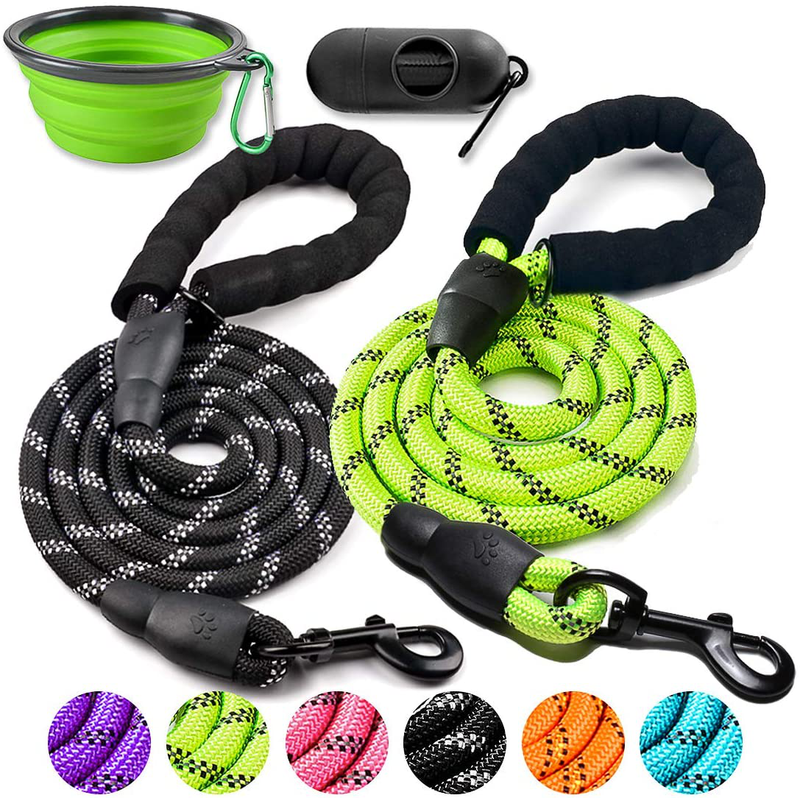 COOYOO 2 Pack Dog Leash 5 FT Heavy Duty - Comfortable Padded Handle - Reflective Dog Leash for Medium Large Dogs with Collapsible Pet Bowl Animals & Pet Supplies > Pet Supplies > Dog Supplies COOYOO Set 6-Black+Green 0.5in. x 5ft.(for dogs weight 18-120lbs.) 
