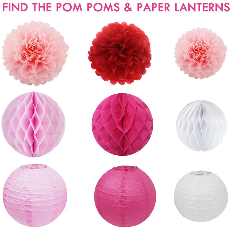 Pink Paper Party Decoration Kit - Tissue Paper Pom Poms Lantern Fans Set, Wall Hanging Gift for Wedding Bridal Shower Birthday Valentines Day Home Table Centerpiece Office Buffet Supplies Background Arts & Entertainment > Party & Celebration > Party Supplies Swibitter   