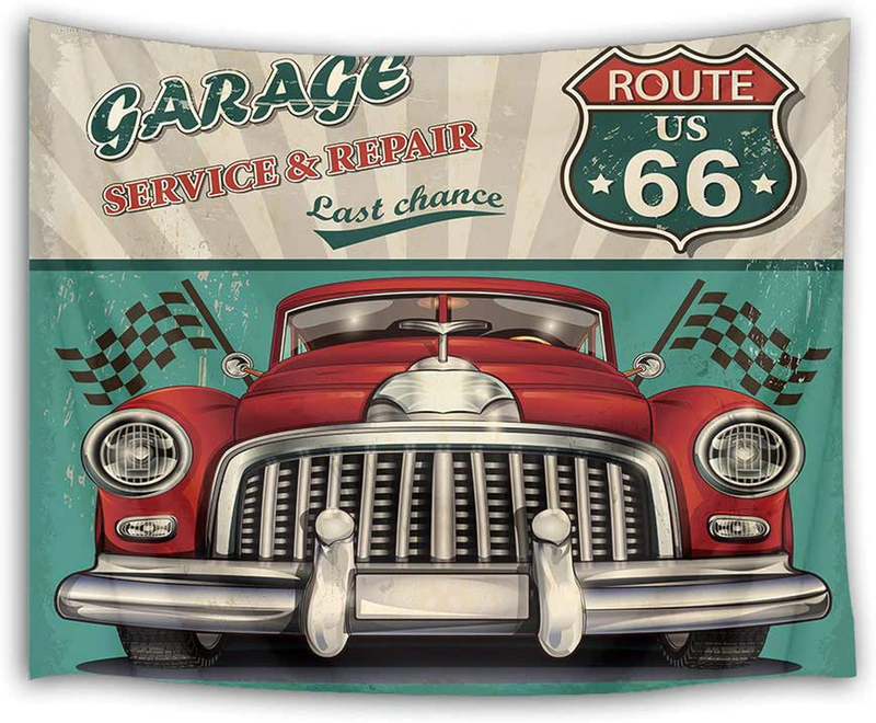 HVEST Retro Tapestry Vintage Car Wall Tapestry Route 66 Tapestry For Garage Decor Bedroom Living Room Dorm Wall Decor, 60W X 40H Inch Home & Garden > Decor > Artwork > Decorative Tapestries HVEST 60" X 40"  