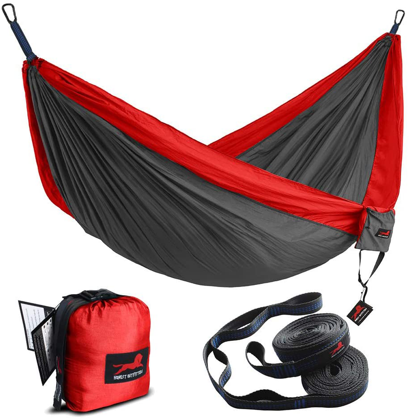 HONEST OUTFITTERS Double Camping Hammock with Hammock Tree Straps,Portable Parachute Nylon Hammock for Backpacking Travel Home & Garden > Lawn & Garden > Outdoor Living > Hammocks HONEST OUTFITTERS Do Charcoal/Red 78"W x 118"L 
