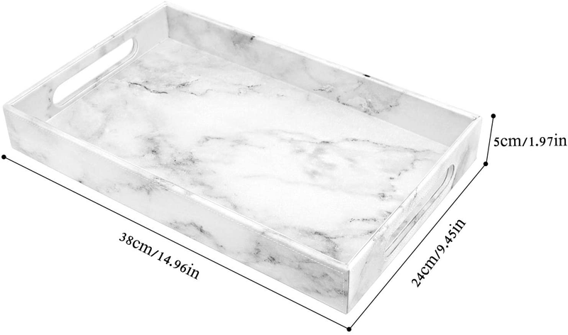 MoKo Vanity Tray, 38x24x5 cm Large Capacity PU Leather Valet Tray Tablet-Top Storage Organizer Catchall Serving Tray with Handles for Living Room Bedroom Entryway Dining-Table Countertop, White Marble