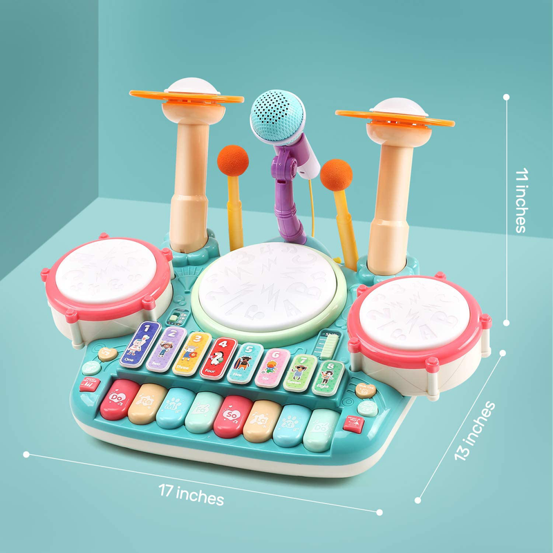 CUTE STONE 5 in 1 Musical Instruments Toys,Kids Electronic Piano Keyboard Xylophone Drum Toys Set with Light, 2 Microphone, Learning Toys Eduactional Gift for Baby Infant Toddler Girls Boys  CUTE STONE   