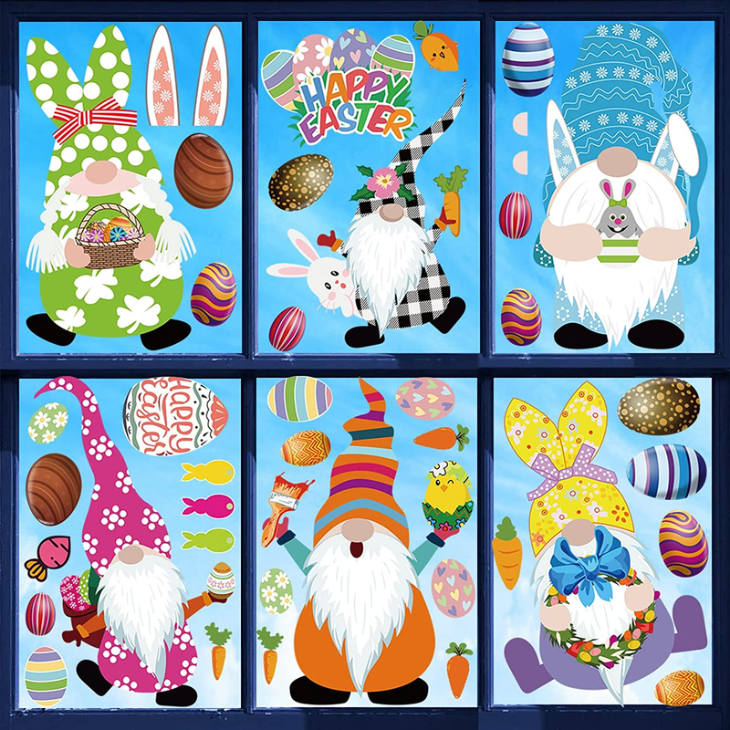 Mocossmy Easter Window Clings,9 Sheets Happy Easter Eggs Gnomes Faceless Elf Cute Bunny Carrot Window Stickers Wall Decals for Home Classroom Holiday Easter Party Supplies Favors Glass Decoration