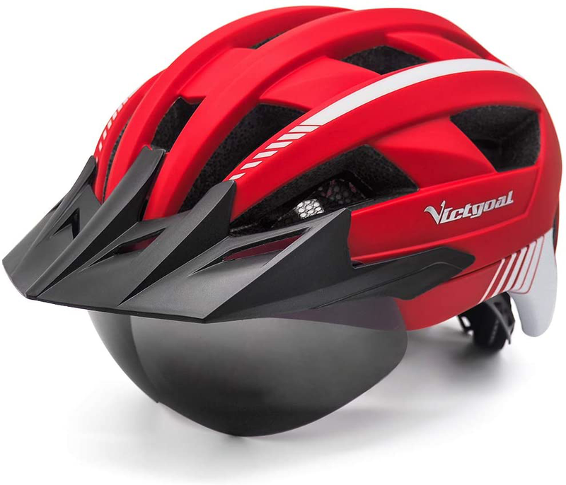 VICTGOAL Bike Helmet for Men Women with Led Light Detachable Magnetic Goggles Removable Sun Visor Mountain & Road Bicycle Helmets Adjustable Size Adult Cycling Helmets Sporting Goods > Outdoor Recreation > Cycling > Cycling Apparel & Accessories > Bicycle Helmets VICTGOAL Red  