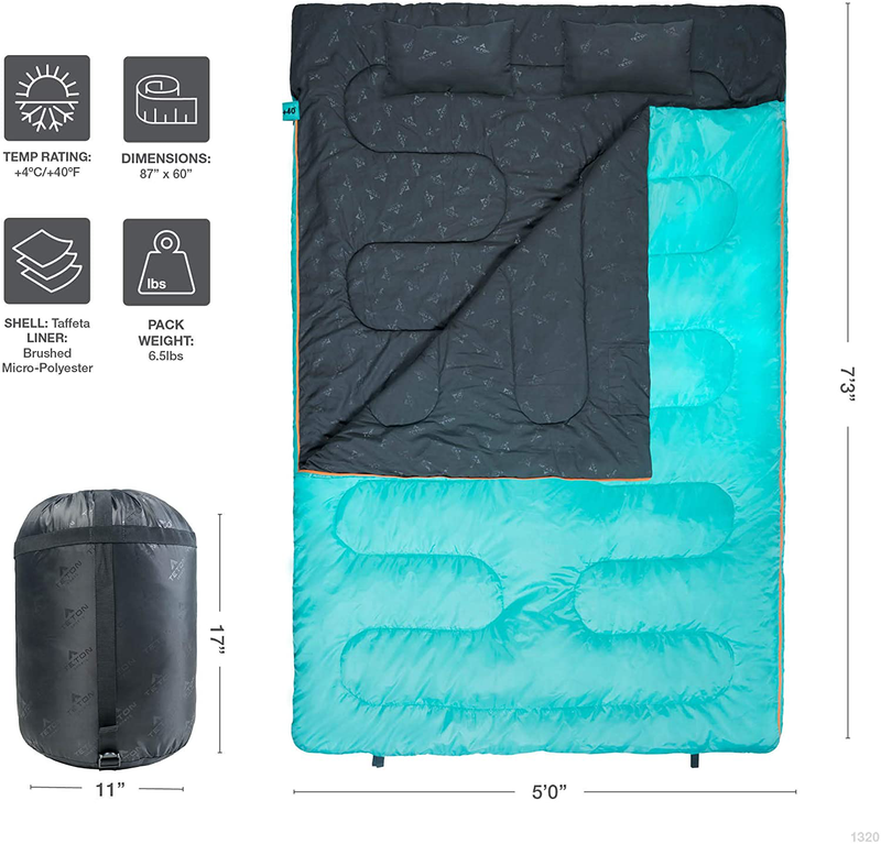 TETON Sports Cascade Double Sleeping Bag; Lightweight, Warm and Comfortable for Family Camping, Teal, 87" X 60" Sporting Goods > Outdoor Recreation > Camping & Hiking > Sleeping Bags TETON Sports   