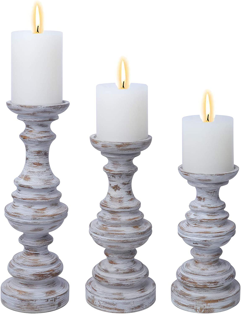 OLV Tall Candle Holders for Pillar Candles, Set of 3: 8"|10"|12",Rustic Candle Stand for Mantle and Fireplace Decor, Centerpieces for Table,Living Room,Gift for Wedding|Washed Wood Home & Garden > Decor > Home Fragrance Accessories > Candle Holders OLV Washed Wood  