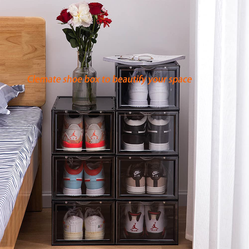 Clemate Shoe Box,Set of 6,Shoe Storage Boxes Clear Plastic Stackable,Shoe Containers with Magnetic Clear Door,Drop Front Shoe Box for Sneaker Display,Easy Assembly,Fit for US Size 12（Black） Furniture > Cabinets & Storage > Armoires & Wardrobes Clemate   