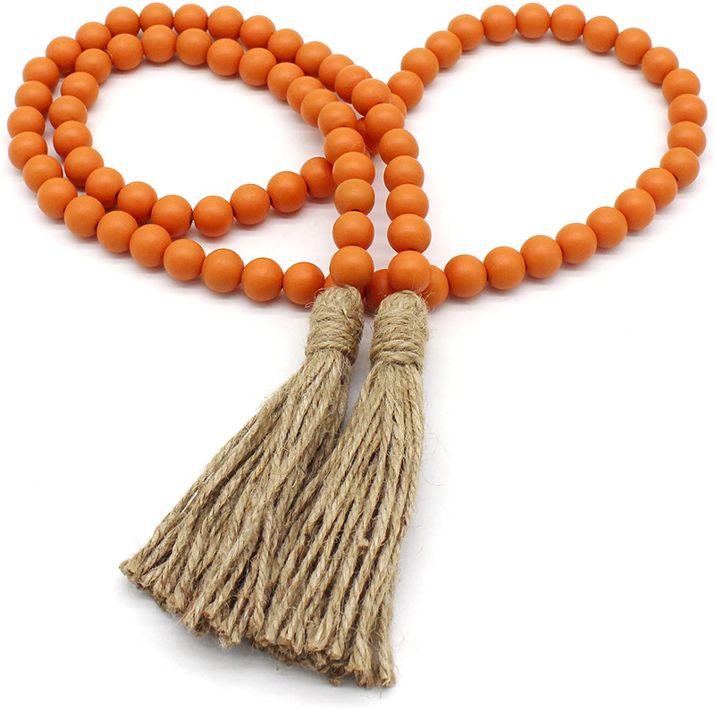 CVHOMEDECO. Wood Beads Garland with Tassels Farmhouse Rustic Wooden Prayer Bead String Wall Hanging Accent for Home Festival Decor. Black Home & Garden > Decor > Seasonal & Holiday Decorations CVHOMEDECO. Orange  