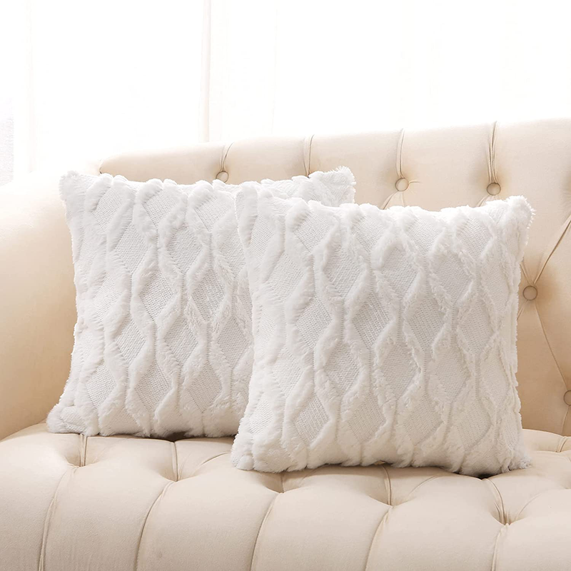 Volcanics Pack of 2 Faux Wool Throw Pillow Covers 18X18 Inches Decorative Farmhouse Velvet Couch Pillow Case Soft Plush Square Boho Cushion Pillowcase, Beige Home & Garden > Decor > Chair & Sofa Cushions Volcanics White 20" x 20" 