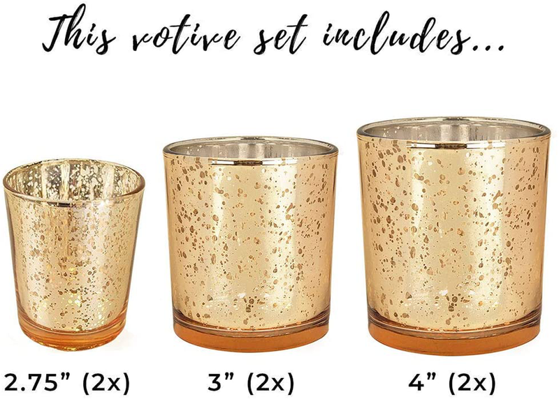 Just Artifacts 6pcs Assorted Size Speckled Mercury Glass Votive Candle Holders (Gold)