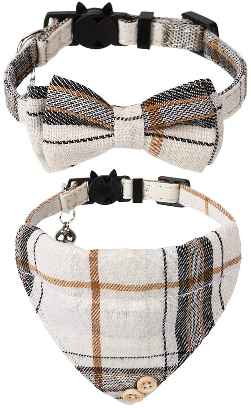 Faleela Breakaway Cat Collar with Bells - 2 Pack Cat Collar with Bells, Cat Collars with Bandana, Accessories for Pet Collars, Adjustable for Cats and Small Dogs Animals & Pet Supplies > Pet Supplies > Cat Supplies > Cat Apparel Faleela Beige bow+bandana  