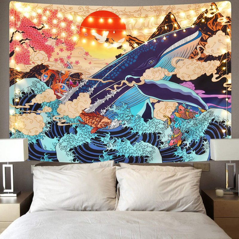 Japanese Ukiyo-e Tapestry Sea Wave Koi Tapestry Trippy Whale Japanese Tapestry, Sunset Animal Tapestry for Dorm Bedroom Living Room Home & Garden > Decor > Artwork > Decorative Tapestries Sevenstars Sea Wave 59.1" x 82.7" 