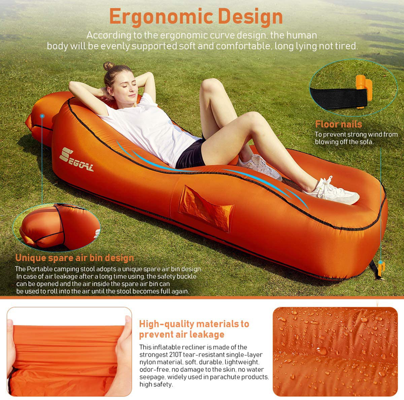 SEGOAL Ergonomic Inflatable Lounger Beach Bed Camping Chair Air Sofa Couch Hammock with Pillow, Waterproof Anti-Air Leaking Single Layer Nylon Fabric for Hiking Travel Beach Park, No Pump Required Sporting Goods > Outdoor Recreation > Camping & Hiking > Camp Furniture SEGOAL   