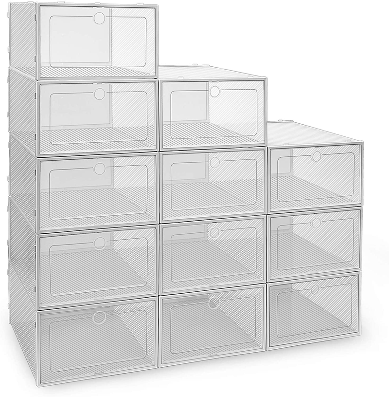 IPOW 12 Pack Thickened Clear Plastic Stackable Shoe Boxes, Foldable Shoe Organizer Sneaker Shoe Containers Shoe Storage Bins Drop Front Shoe Storage Boxes for Men, Women & Kids (12Pack-L) Furniture > Cabinets & Storage > Armoires & Wardrobes IPOW   