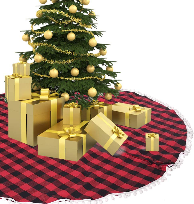 GKanMore Checked Christmas Tree Skirt 48" Red and Black Buffalo Plaid Tree Skirt with White Bubble Lace Xmas Tree Mat Skirt for Christmas New Year Holiday Party Decorations (Red & Black Plaid) Home & Garden > Decor > Seasonal & Holiday Decorations > Christmas Tree Skirts GKanMore   