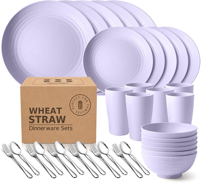Teivio 24-Piece Kitchen Wheat Straw Dinnerware Set, Dinner Plates, Dessert Plate, Cereal Bowls, Cups, Unbreakable Plastic Outdoor Camping Dishes (Service for 6 (24 piece), Multicolor) Home & Garden > Kitchen & Dining > Tableware > Dinnerware Teivio Purple Service for 6 (24 pieces with silverware) 
