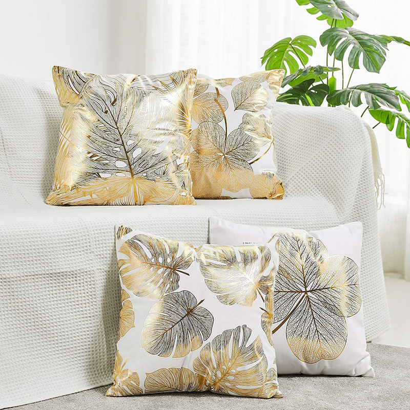 Neatblanc Pack of 4 Decorative Throw Pillow Case Cushion Cover Gold Stamping Leaves 18 X 18 Inches 45 X 45 Cm for Couch Bedroom Car Home & Garden > Decor > Chair & Sofa Cushions NeatBlanc Gold Stamping Leaves  
