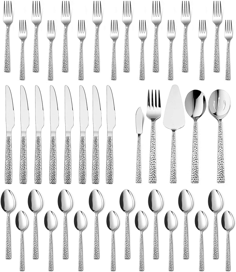 E-far 65-Piece Silverware Set with Serving Pieces, Stainless Steel Hammered Flatware Eating Utensils Service for 12, Modern Tableware Cutlery Set with Square Edge, Mirror Polished, Dishwasher Safe Home & Garden > Kitchen & Dining > Tableware > Flatware > Flatware Sets E-far 45-Piece  