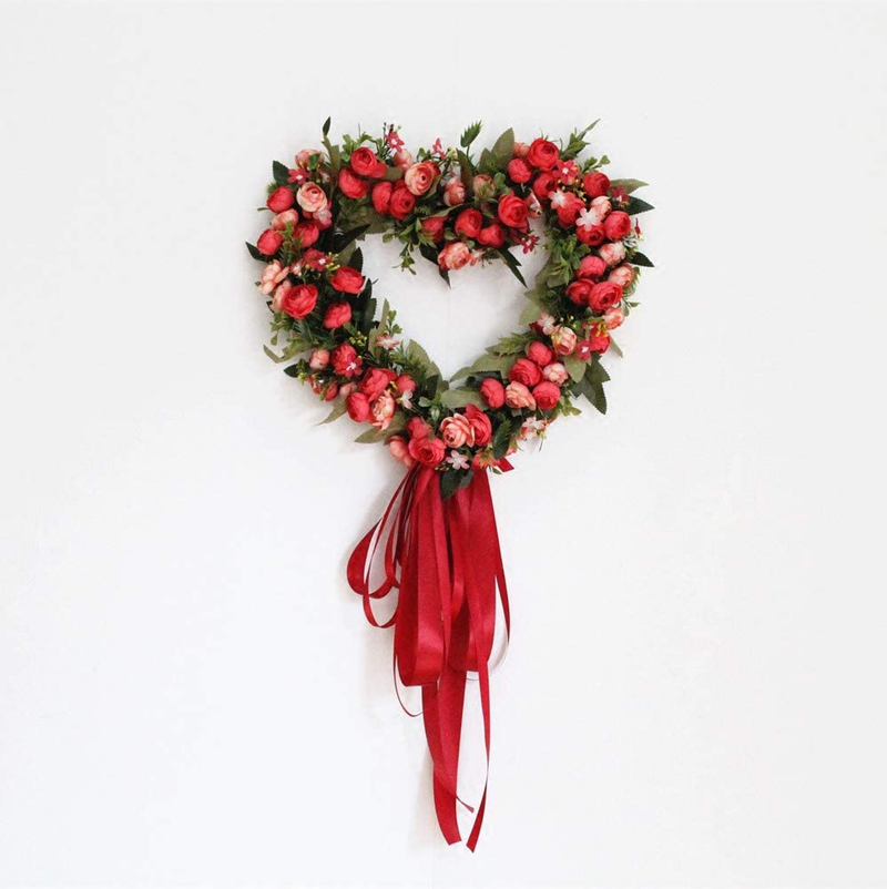 Landy 12-Inch Rose Flower Heart Wreath with Silk Ribbon, Peony Flowers Garland Wreath, Handmade Home Decoration for Wedding Valentine'S Day Christmas, Red Home & Garden > Decor > Seasonal & Holiday Decorations Landy   