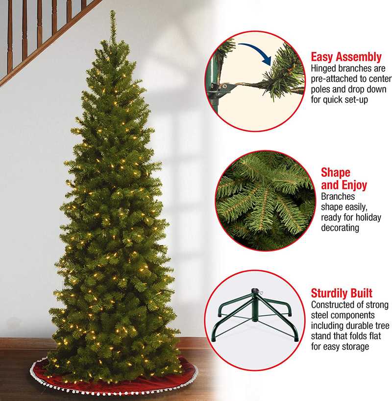 National Tree Company lit Artificial Christmas Tree Includes Pre-Strung White Lights and Stand, North Valley Spruce Pencil Slim-7 ft